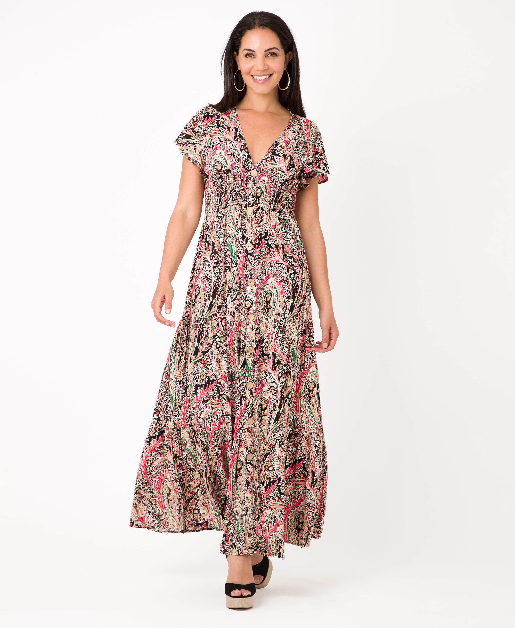 KRISP Floral Multi Print Shirred Waist Tiered Maxi Dress (11119)